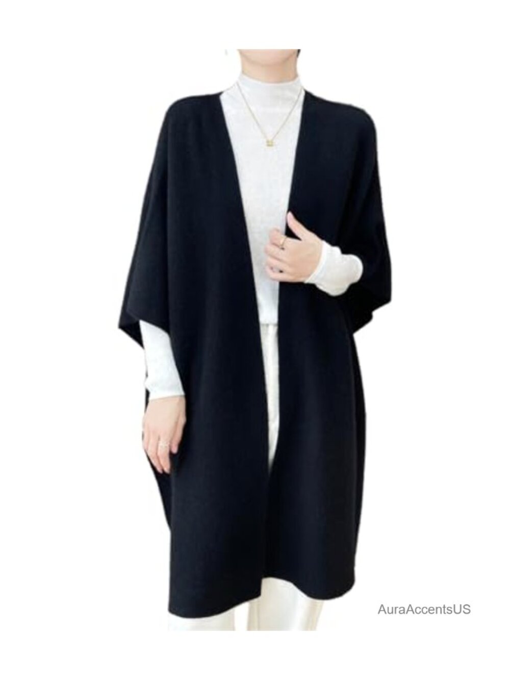 Merino Wool Knitted Poncho Cape Cardigan Loose Open Sweater